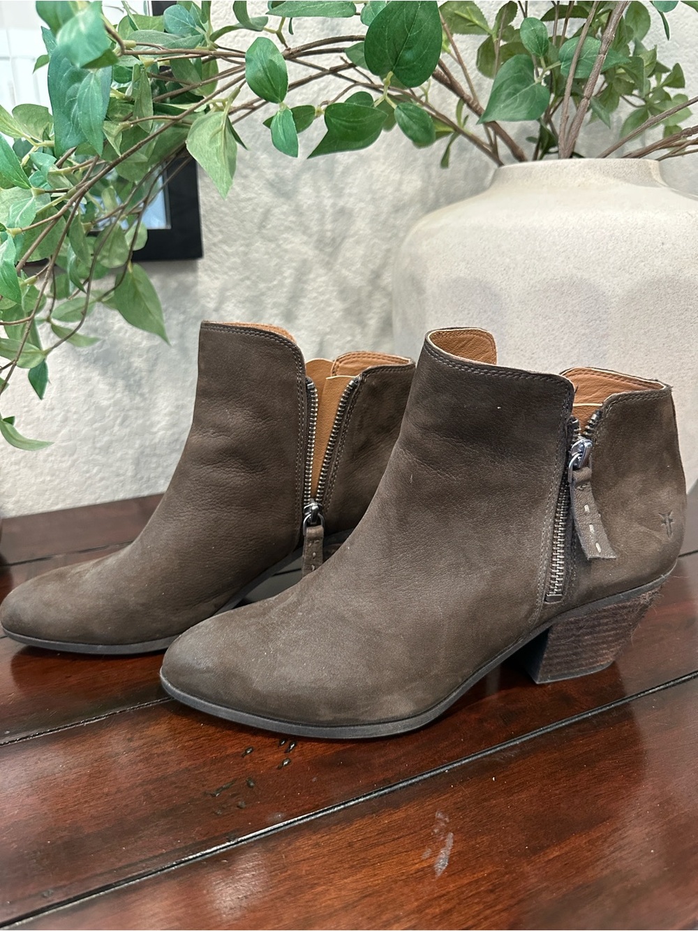 Frye Taupe Brown Suede Ankle Booties with Side Zip